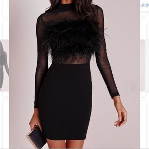 Feather Trim Mesh Sleeve Bodycon Black Dress.